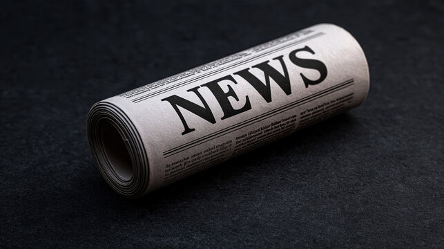 A rolled newspaper with the headline News lies on a dark textured surface. This image represents modern journalism and daily information concept.