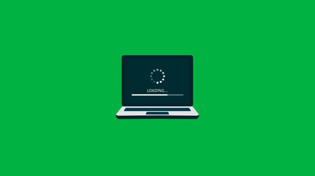 Laptop with green screen displaying loading animation, spinning progress indicator and loading bar, software update, system startup, installation process and computer waiting screen concept.