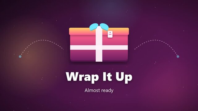 Gift wrapping animation: box fills, lid drops and ribbon bow ties on, seamless loop