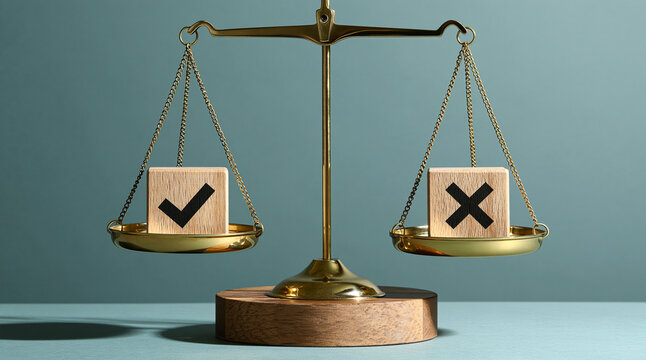 A gold balance scale features a check mark and an X mark on the wooden pans. This image represents decision making and legal judgment concepts.