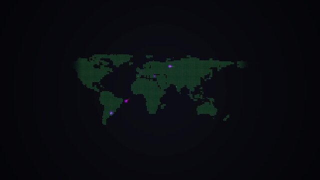 Digital pixel world map with glowing location markers on dark background for global business networking concept