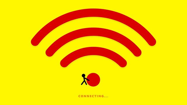 Conceptual illustration of a small person trying to establish a wireless internet connection with a loading signal