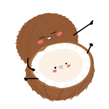 Cute brown coconut fruit character with half slice vector illustration