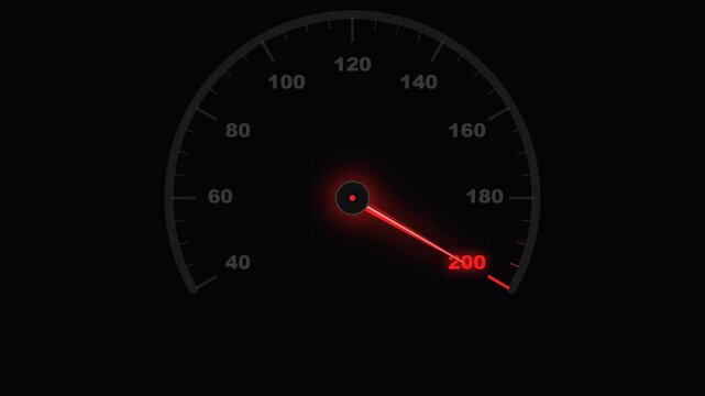 Speedometer with a red needle pointing to 200, indicating high velocity on a dark background