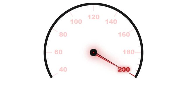 High speed speedometer dial reaching maximum performance limit at two hundred kilometers per hour isolated on white background