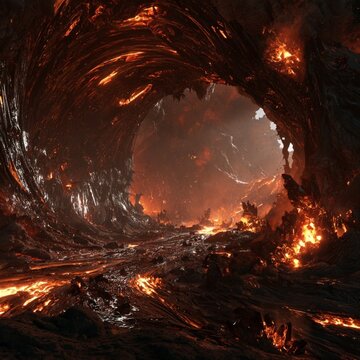 Inside an extinct subterranean volcano, walls of smooth glossy glass with glowing magma veins, molten plasma crystals embedded in stone, fire elementals and deep dragons in the background.