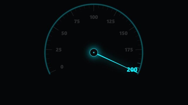 Digital speedometer gauge with glowing neon blue needle showing maximum speed of two hundred kilometers