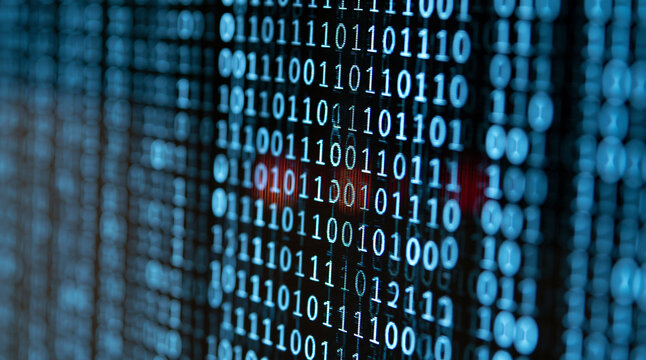 Rows of glowing binary code digits scrolling down a dark computer screen. This visual represents cybersecurity, data processing, and digital programming concepts.