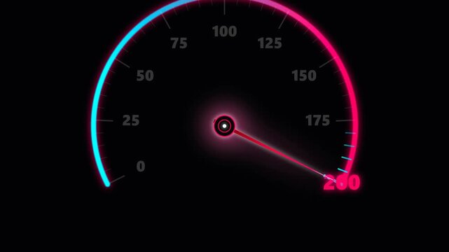 Digital neon speedometer icon with pointer indicating maximum speed limit of 200 on black background