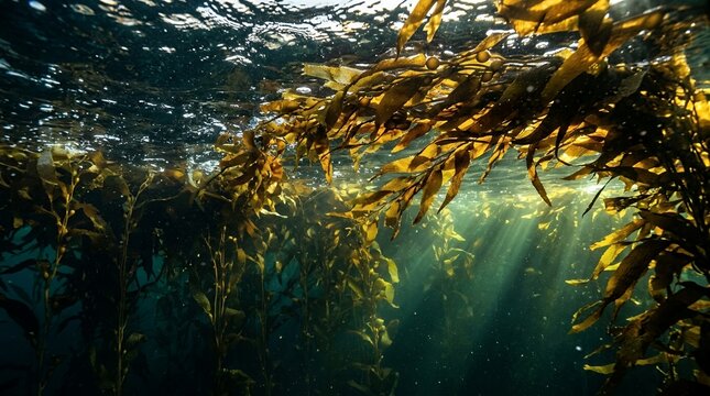 Stunning Underwater View of Kelp Seaweed Forest with Sunlight Rays Penetrating Through the Surface of the Ocean Sea