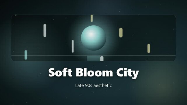 Glowing orb and falling light trails settle into still panels in a looping retro city animation