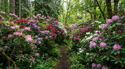 Fototapeta premium Vibrant rhododendron bushes blooming in pink and purple along a narrow forest path in a beautiful botanical park.