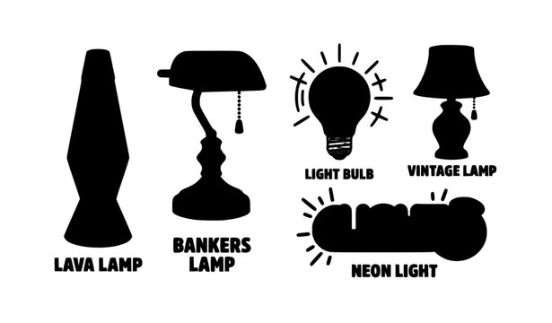Bold retro pop art lamp and glowing light bulb vector icons set for graphic design
