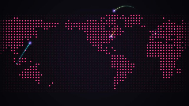 Digital dotted world map showing global data connections and network communication lines in neon pink