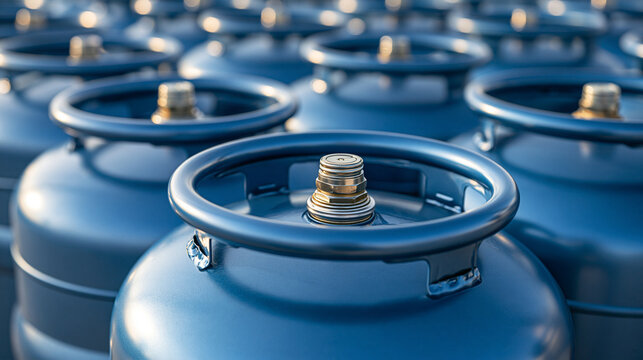 Rows of blue industrial propane gas cylinders stand in sunlight. Perfect for concepts about energy supply, storage, and fuel logistics in industrial business.