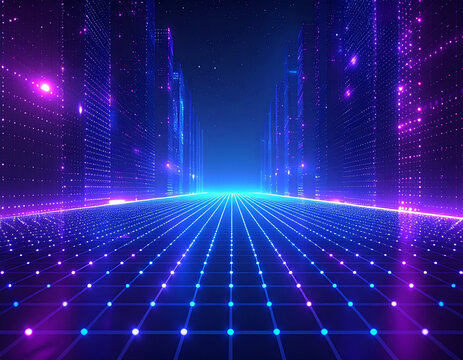 未来的なサイバー空間の背景。青と紫の光のグリッドとネオン輝くデジタルテクノロジーの3D抽象イラスト/Futuristic cyberspace background with blue and purple light grids and neon glowing digital technology 3D abstract illustration