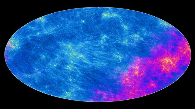 Cosmic microwave background radiation map showing large scale structure of the early universe with color coded temperature variations