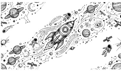 Premium Hand Drawn Space Universe Rocket Planet Sketch Vector Banner © MdBanna
