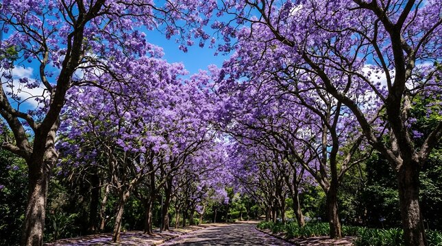 Stunning Avenue of Purple Blooming Jacaranda Trees Creating a Floral Canopy over a Scenic Road in the City Park