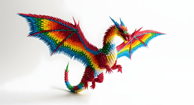 Vibrant Rainbow Origami Dragon with Spread Wings on White Background