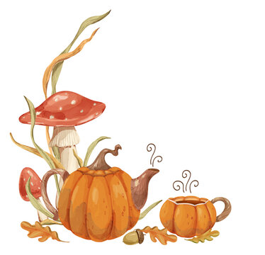 Hand drawn autumn illustration with pumpkin teapot and tea cup and toadstool mushroom isolated on transparent background