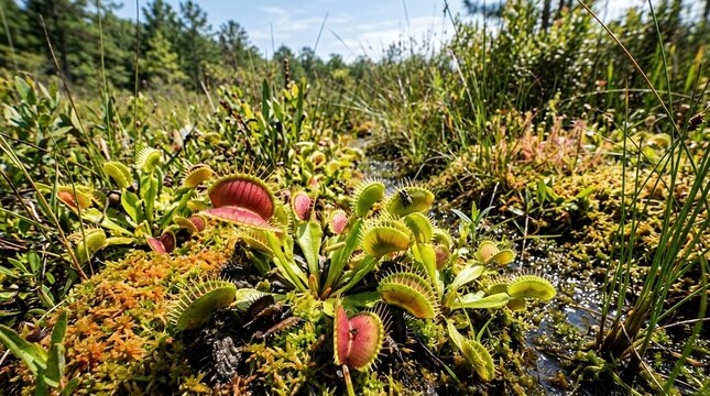 Carnivorous Venus Flytrap plants in a natural wetland bog environment with open red traps under a bright sunny sky.