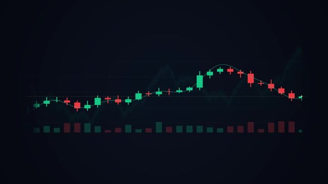 Set of eight candlestick stock market charts showing financial trading trends on dark blue background