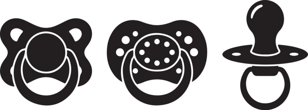 Minimalist baby pacifier icon set, black silhouette dummy vector illustration, set of 3 infant soother graphic icons for newborn care design