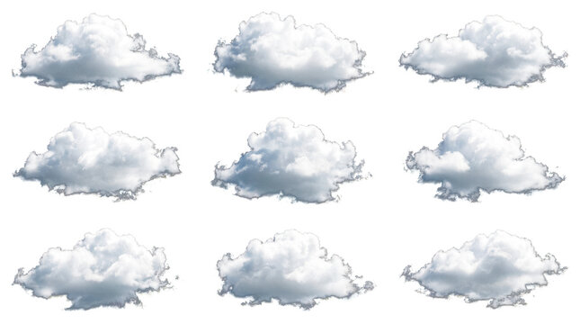 Collection of various white fluffy clouds isolated on transparent background
