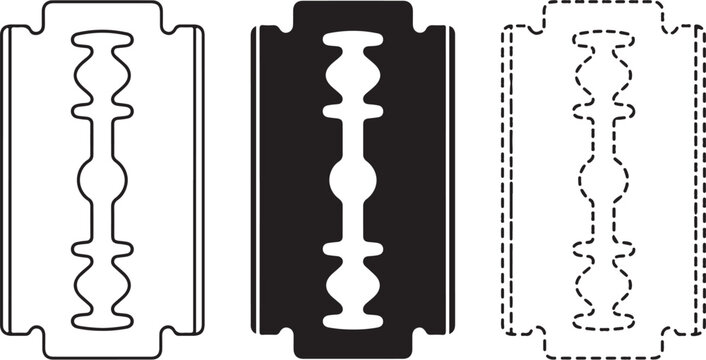 Razor blade vector icon set, razorblade silhouette and outline art for barber shop grooming design, black and white steel razor blade symbol collection