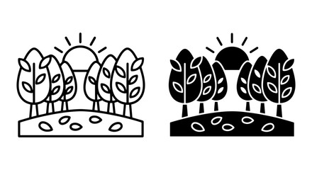 Fototapeta premium Forest Landscape Icons, Nature Scene Vector Graphics, Sunrise Trees Silhouette, Organic Elements