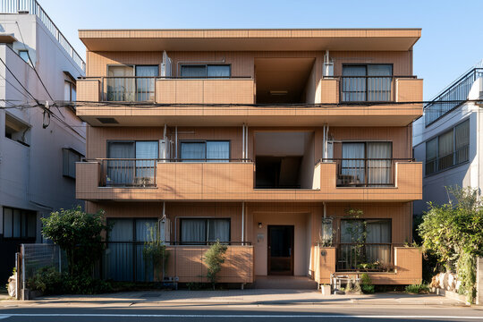 住宅街に建つブラウンタイル外壁の3階建て低層マンション