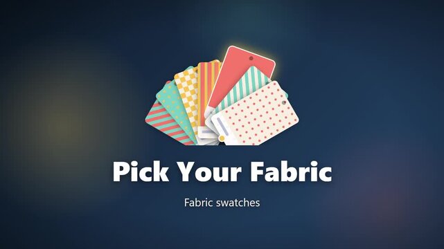 Pick Your Fabric: colorful swatch cards fan out in a seamless loop animation