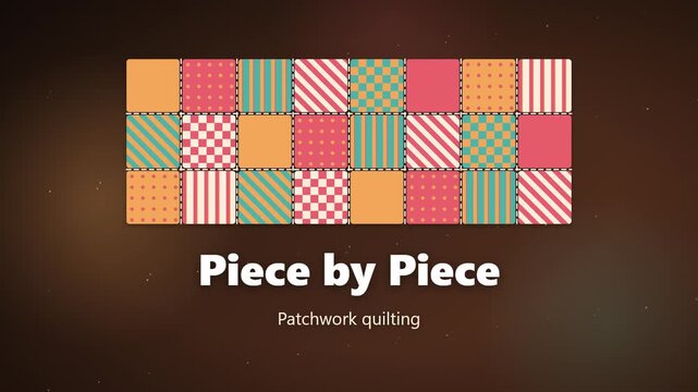 Piece by Piece: patchwork squares tumble into a quilt grid as a stitch line sweeps the seams, seamless loop