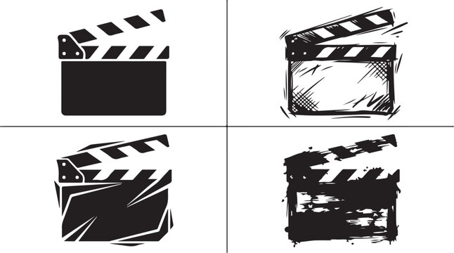Monochrome movie clapperboard icon set, film production clapper vector graphics, black and white cinema film slate collection