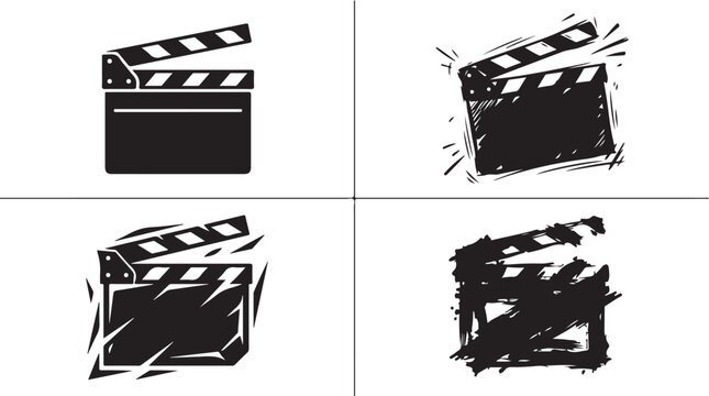 Black and white film clapperboard vector set, minimalist cinema clapboard icon, hand drawn movie slate graphic, grunge film production symbol
