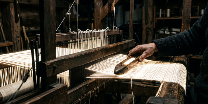 Elderly hands operate traditional wooden loom weaving white threads into fabric representing craft and heritage.