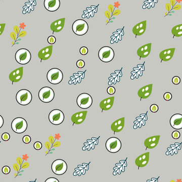 Stylized leaves, flowers, and circular leaf icons pattern