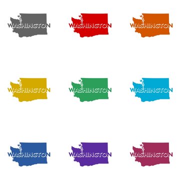 Washington map sign  icon isolated on white background. Set icons colorful