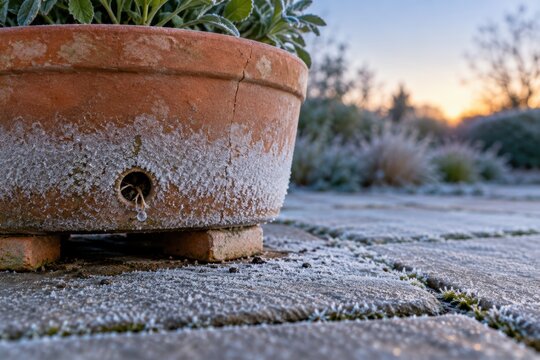 Early Ground Frost Forming Around a Terracotta Plant Pot