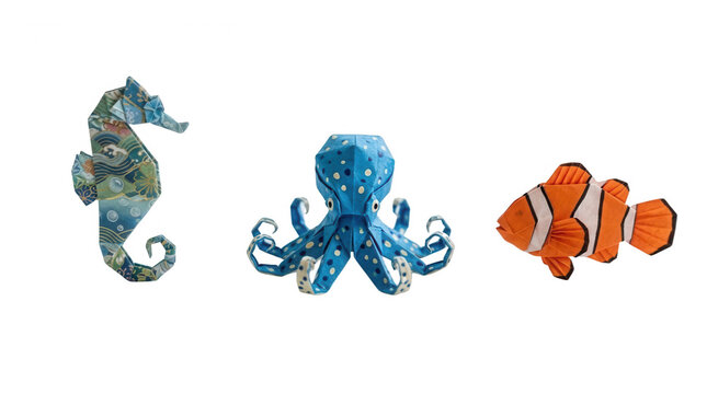 Origami Sea Creatures, featuring seahorse, octopus, clownfish, marine life, paper art, crafting, colorful, blue, orange, handmade, aquatic, decoration