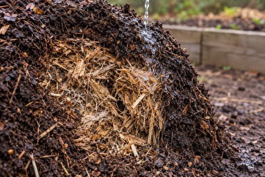 Dry Fibrous Compost Core Exposed Beneath a Wet Outer Layer