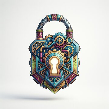 Vibrant Steampunk Ornate Lock with Gearwork Keyhole and Colorful Filigree Design