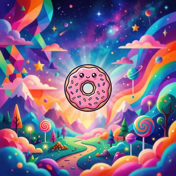 Vibrant Surreal Candy-Themed Fantasy Landscape Featuring a Floating Pink Frosted Donut Above Rainbow Valley