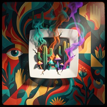 Vibrant Surreal Dreamscape Featuring a White Mug Surrounded by Psychedelic Foliage, Eyes, and Swirling Steam