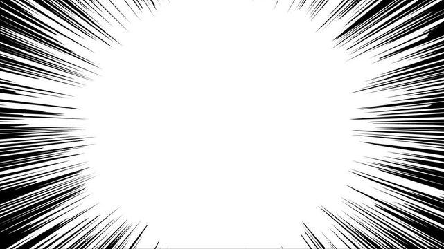 モノクロ漫画の集中線のフレームアニメーション。衝撃や迫力を演出する漫画的表現のエフェクト。ループする4K動画