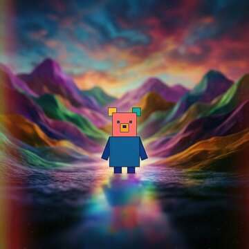 Vibrant Surreal Mountain Lake Scene Featuring a Pink-Headed Square Avatar in Blue Attire