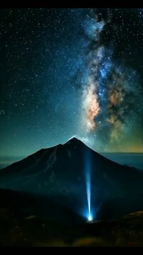 Brilliant milky way rises above sharp mountain summit, beam of light pierces darkness, universe and earth meet in breathtaking night spectacle