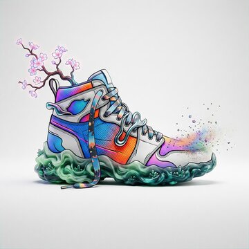 Vibrant Surreal Sneakers Art Featuring Blooming Tree Elements and Fluid Waves