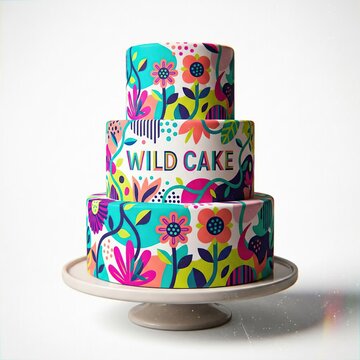 Vibrant three-tier cake with bold jungle-inspired floral patterns on white pedestal stand that exudes festive whimsy